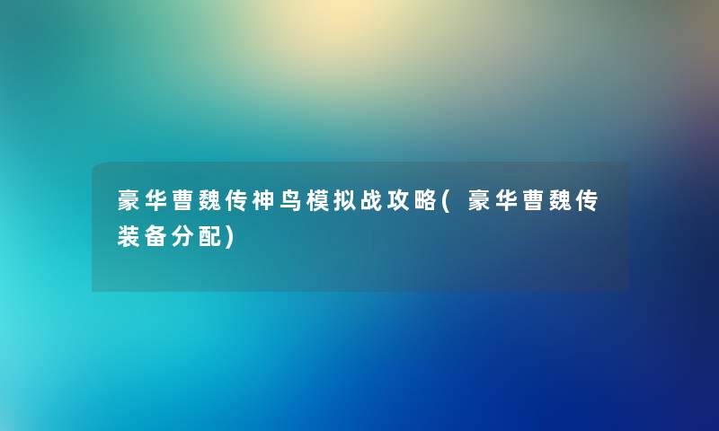 豪华曹魏传神鸟模拟战攻略(豪华曹魏传装备分配)